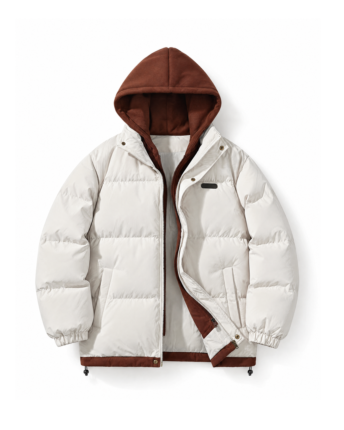 Cream oversized puffer jacket with a rust brown fleece hood, shown open from the front on a white background.