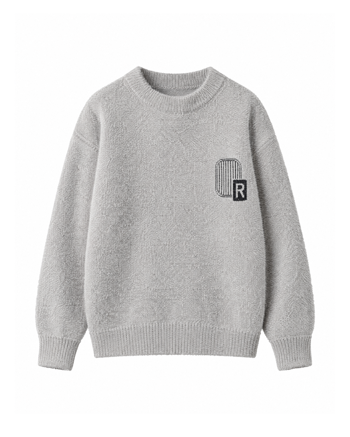 Light Grey fuzzy knit crew neck sweater, front view on white, with a small knitted chest motif and ribbed neck, cuffs and hem