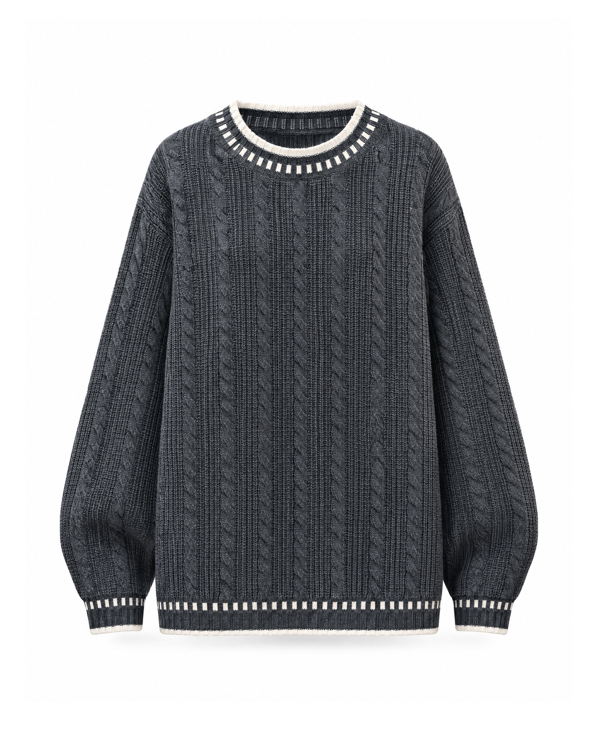 Oversized cable knit sweater with dash stitch trim in Dark Grey, front view: vertical cables, cream dash stitches and tipping at the neck, cuffs and hem