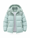 Mint padded puffer jacket with a corduroy stand collar and detachable hood, shown open from the front