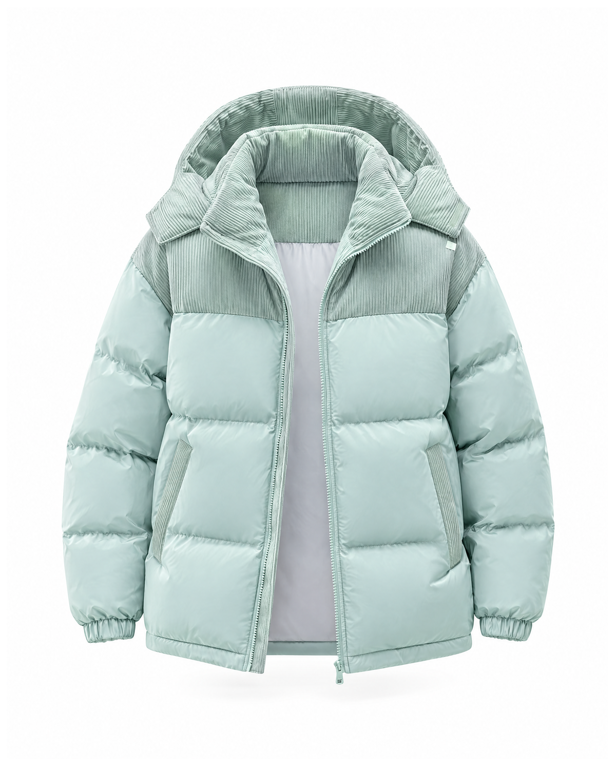 Mint padded puffer jacket with a corduroy stand collar and detachable hood, shown open from the front