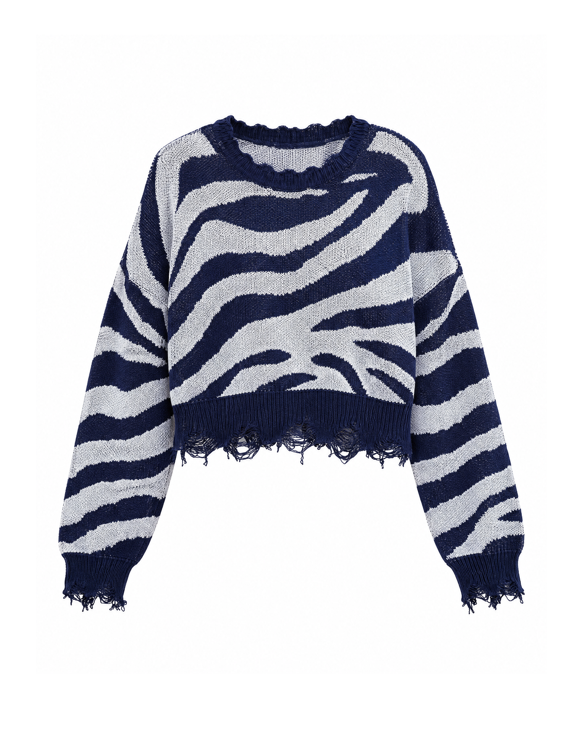 Navy Blue/White zebra stripe cropped sweater photographed straight on against white, showing the frayed ribbed hem and cuffs