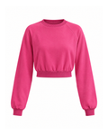 Cropped raglan sweatshirt in Magenta, front view: ribbed crew neck, raglan sleeves with ribbed cuffs and a waist-length ribbed hem band