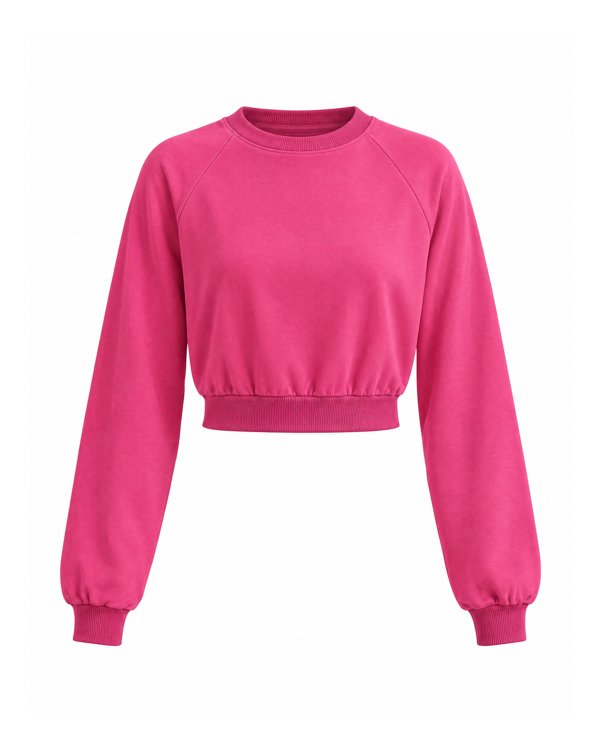 Cropped raglan sweatshirt in Magenta, front view: ribbed crew neck, raglan sleeves with ribbed cuffs and a waist-length ribbed hem band