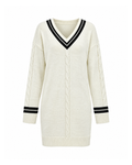 V-neck cable knit sweater dress in Off-White, front view: black-striped V-neckband, centre-front cable and two black stripes above each ribbed cuff