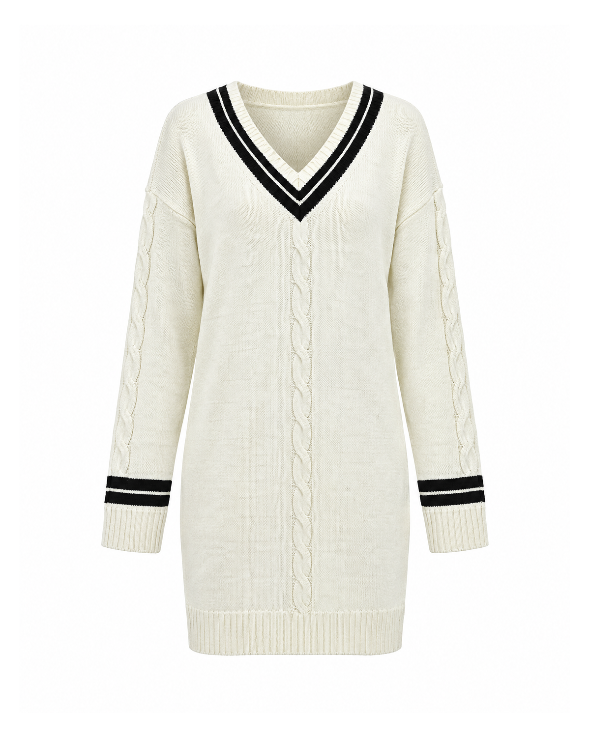 V-neck cable knit sweater dress in Off-White, front view: black-striped V-neckband, centre-front cable and two black stripes above each ribbed cuff