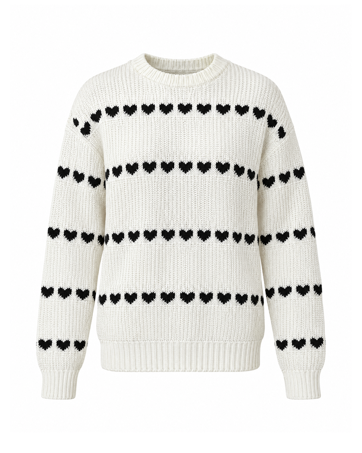 Heart pattern knit sweater in White/Black, front view on white, with four rows of small black hearts on the body and sleeves and a ribbed crew neck