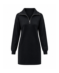 Black quarter-zip sweater dress, front view on white, with a silver ring-pull zip, fold-over collar and ribbed cuffs, mid-thigh length