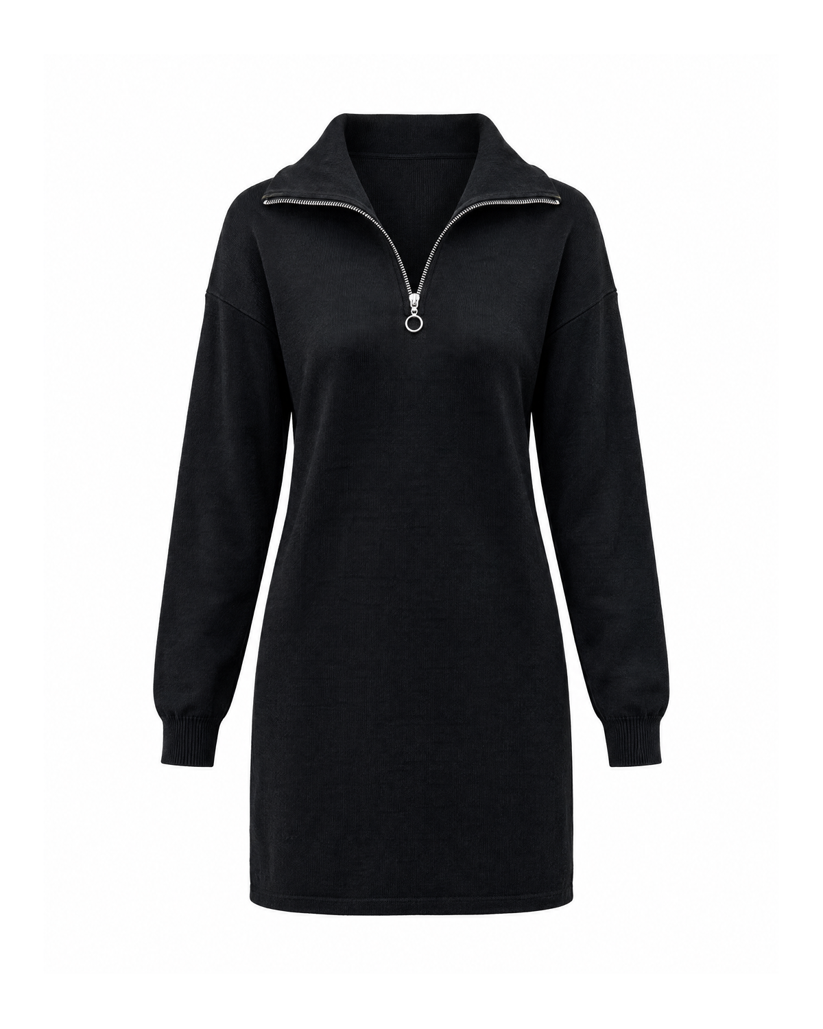 Black quarter-zip sweater dress, front view on white, with a silver ring-pull zip, fold-over collar and ribbed cuffs, mid-thigh length