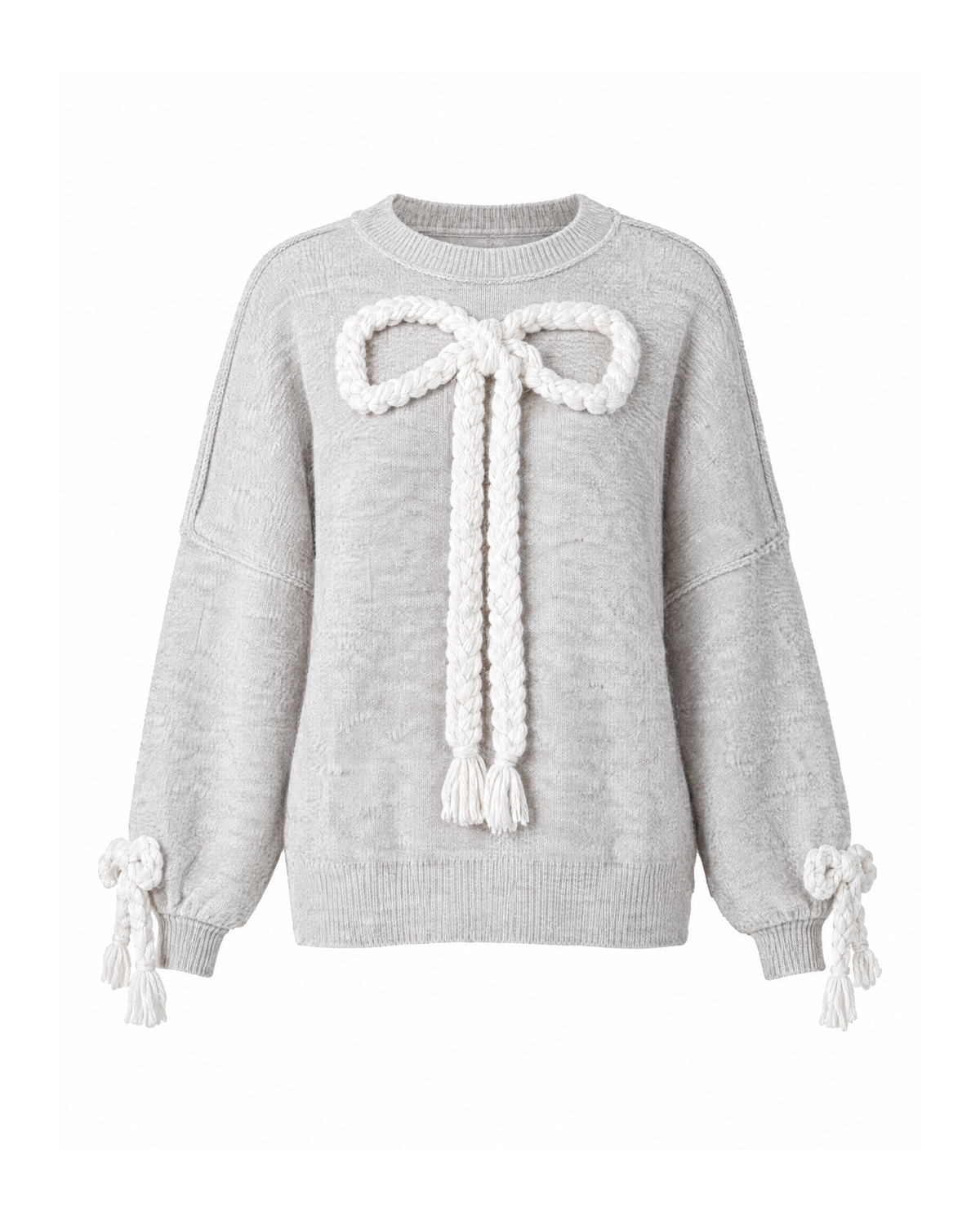 Grey braided bow knit sweater, front view on white, with a large cream braided bow and fringed tails on the chest and a small braided bow at each cuff