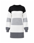 Color block sweater dress in White/Grey/Black, front view: black yoke, white and light grey bands, wide dark grey ribbed hem and full sleeves with ribbed cuffs