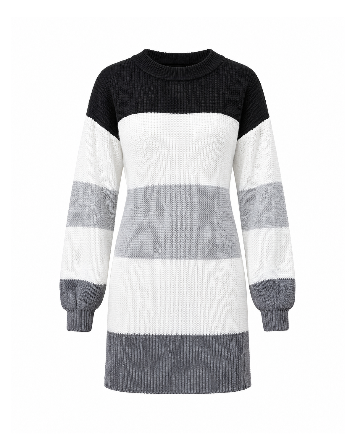 Color block sweater dress in White/Grey/Black, front view: black yoke, white and light grey bands, wide dark grey ribbed hem and full sleeves with ribbed cuffs