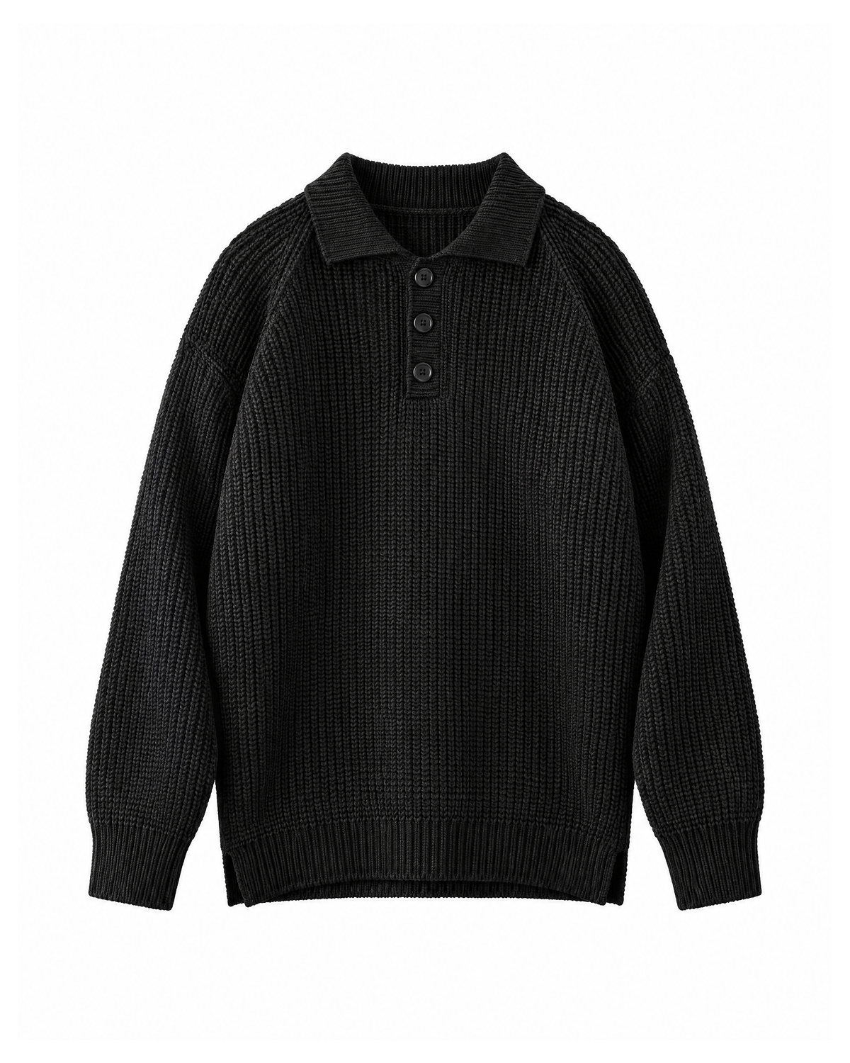 Black polo collar knit sweater, front view on white, with a three-button placket, raglan sleeves and a ribbed hem with side slits