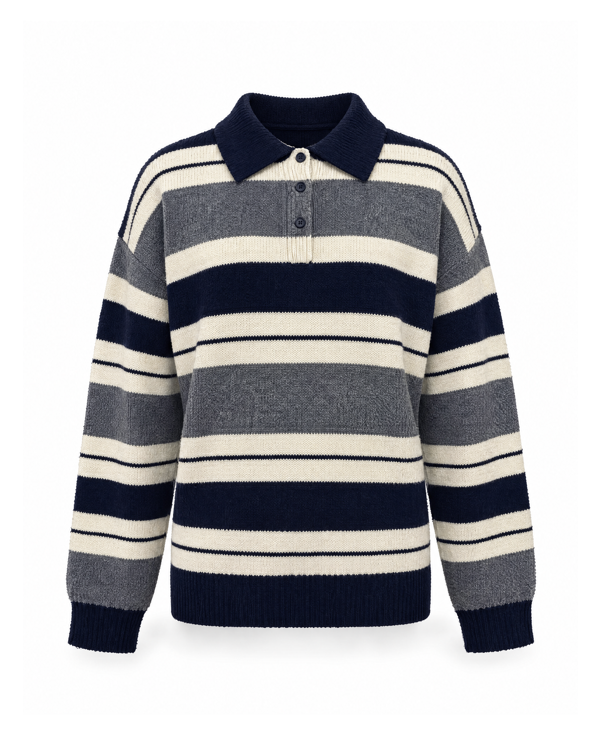Navy/Grey/Cream striped polo collar sweater with three-button placket, front view on a white background