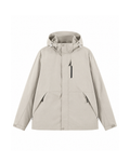 Stone hooded windbreaker jacket shown flat from the front, hood up with two white cord locks, storm flap snapped over the front zip, chest zip pocket and two angled hip zip pockets