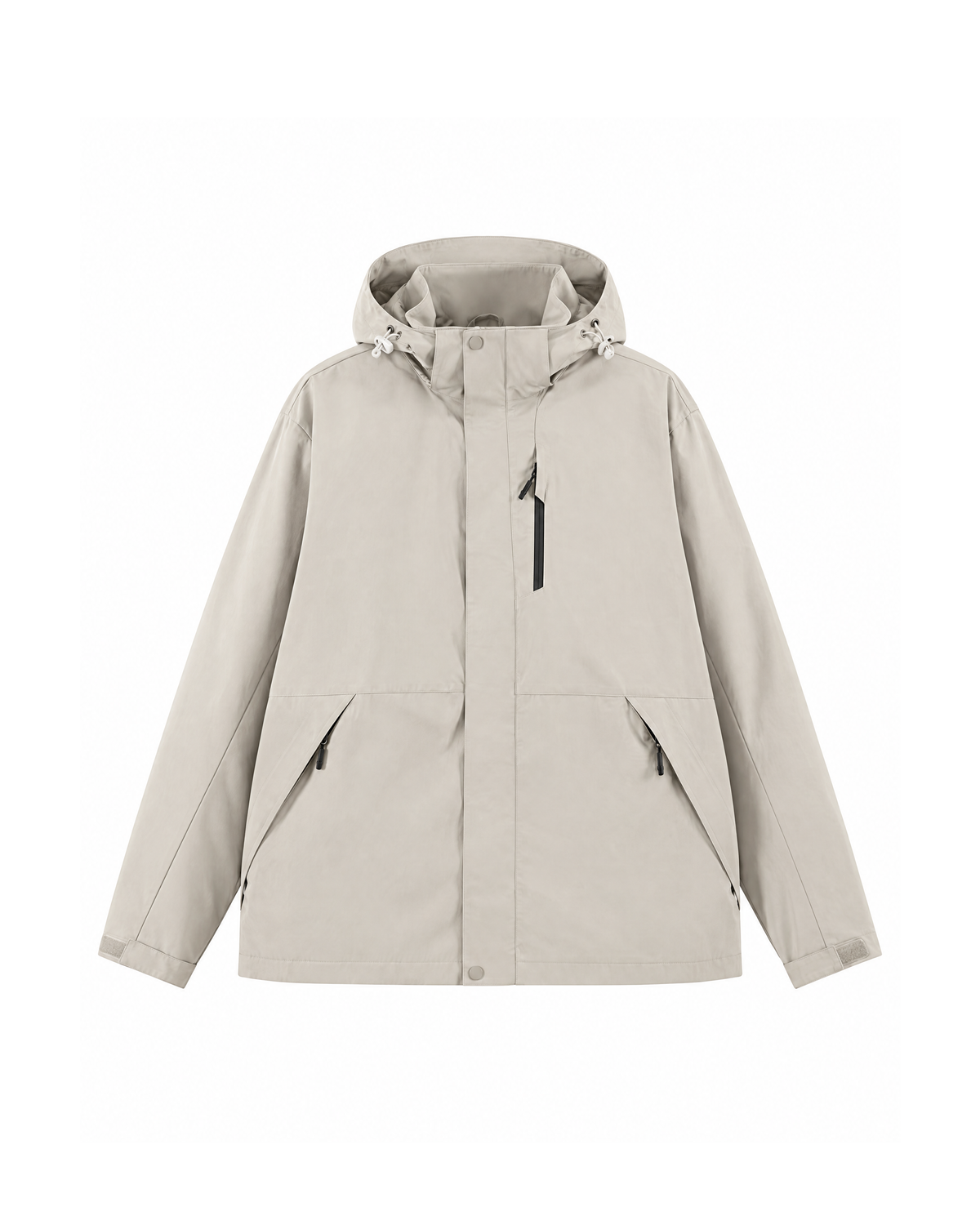 Stone hooded windbreaker jacket shown flat from the front, hood up with two white cord locks, storm flap snapped over the front zip, chest zip pocket and two angled hip zip pockets