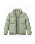 Sage Green men's puffer jacket with a padded stand collar and an open front zip, shown straight on against a white background
