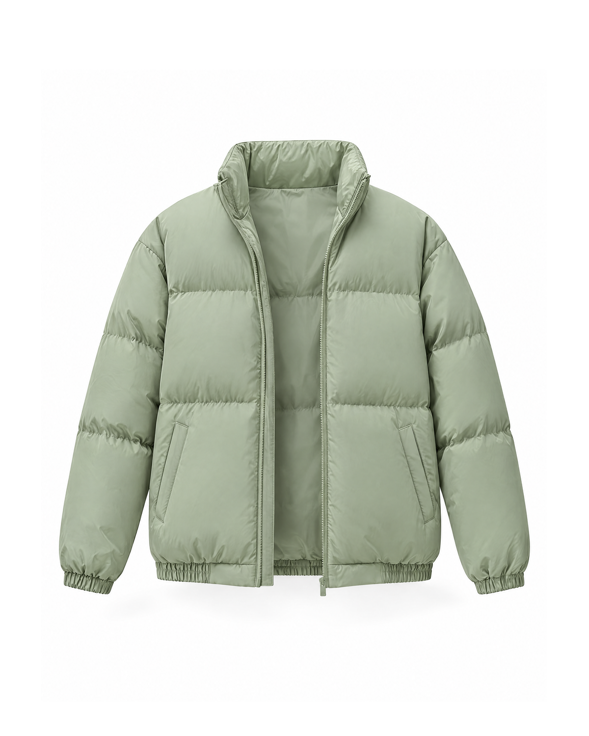 Sage Green men's puffer jacket with a padded stand collar and an open front zip, shown straight on against a white background