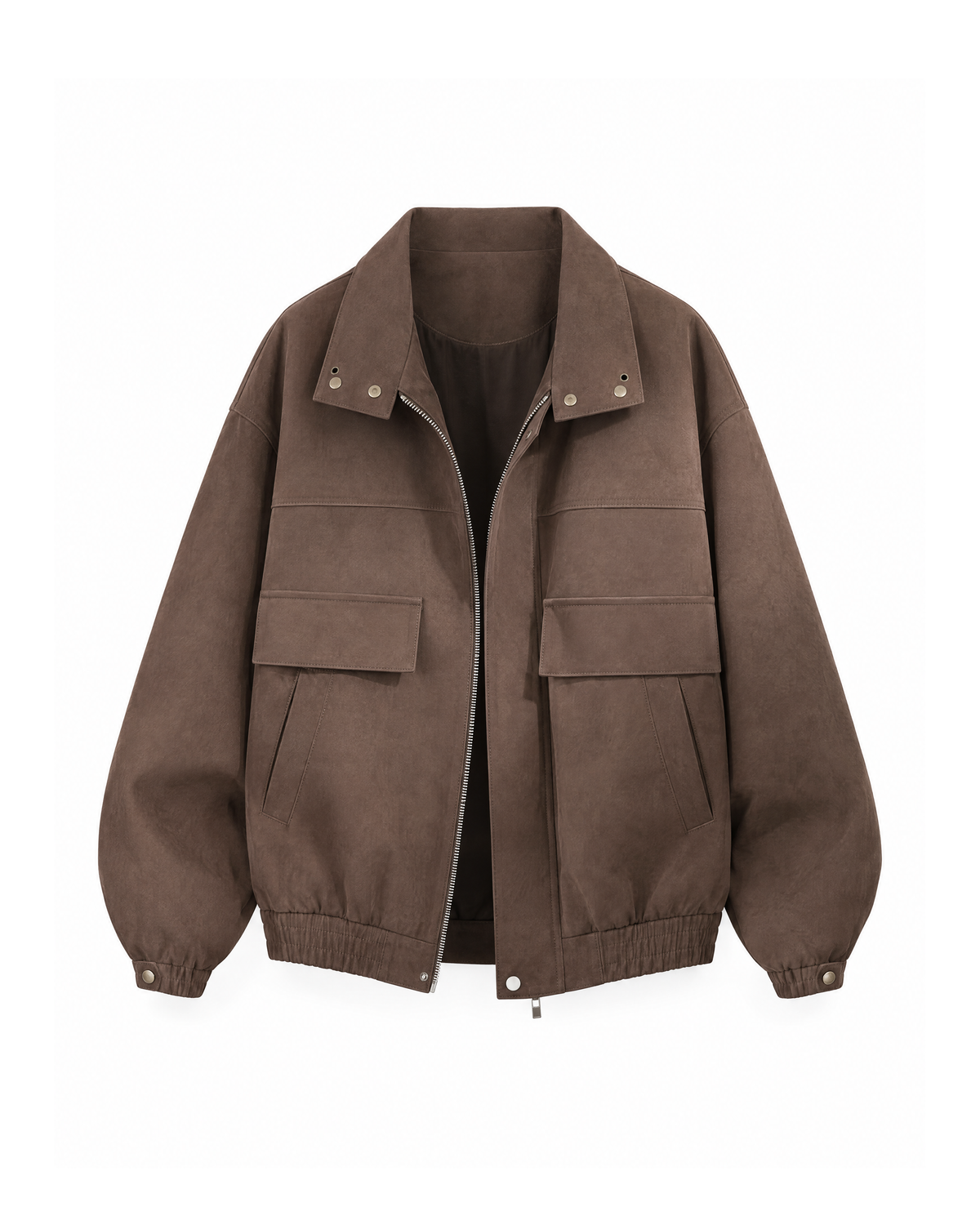 Brown suede-look oversized jacket with a snap-fastened point collar, two flap pockets and a two-way zip, shown open from the front