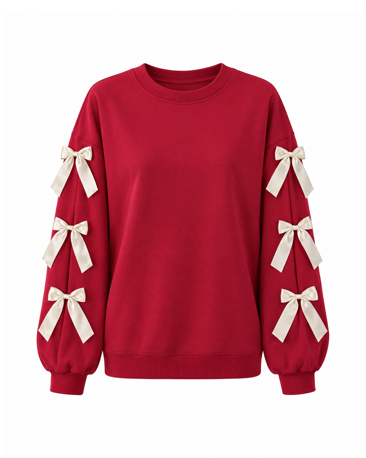 Red bow sleeve sweatshirt, front view on white, with three cream satin ribbon bows down each sleeve and ribbed crew neck, cuffs and hem