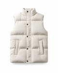 Off-White padded puffer vest with a stand collar and a five-snap placket, shown straight on against a white background