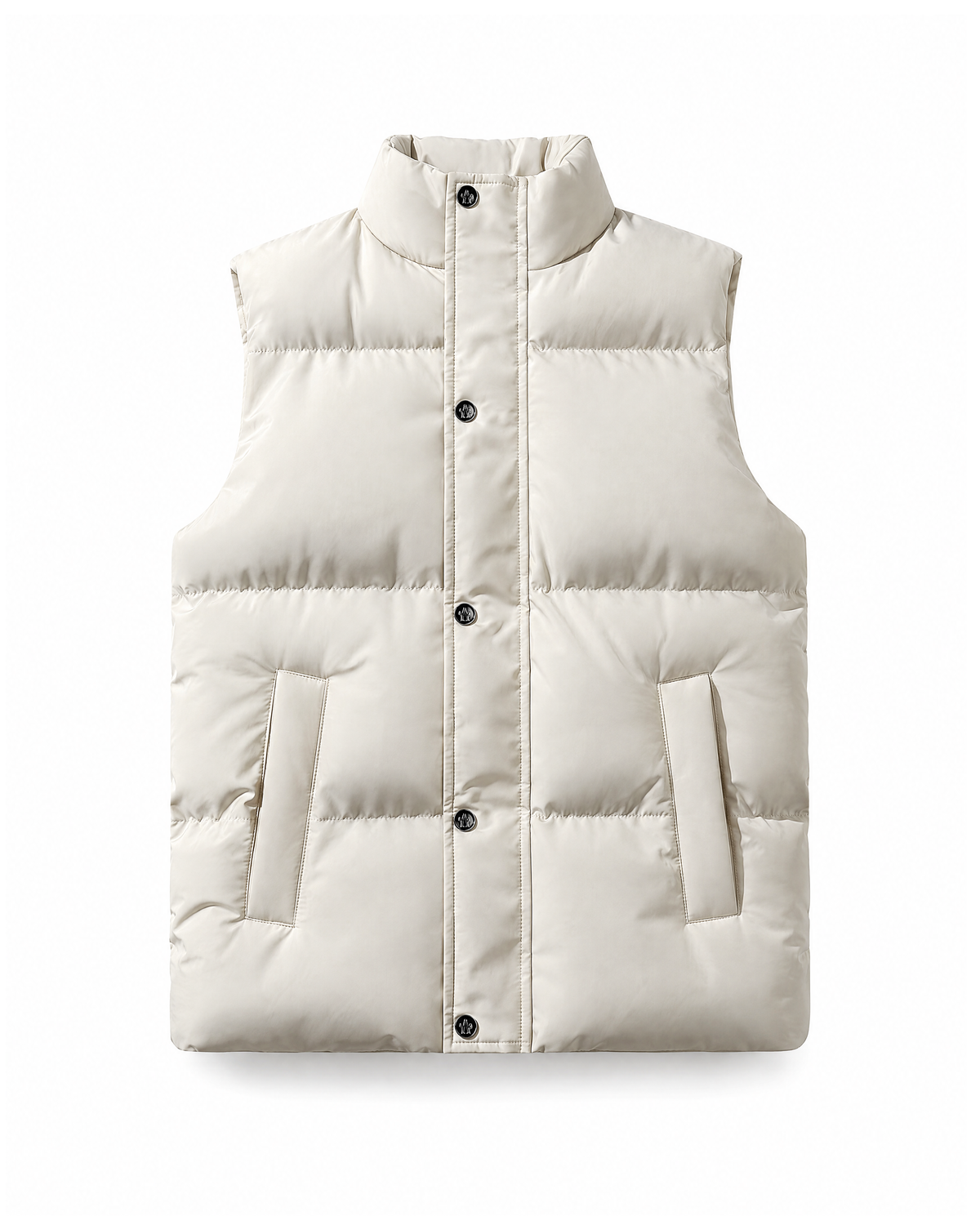Off-White padded puffer vest with a stand collar and a five-snap placket, shown straight on against a white background