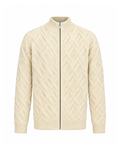 Men's zip-up cardigan with lattice knit in Cream, front view zipped to the ribbed stand collar, raised diamond lattice, ribbed cuffs and hem