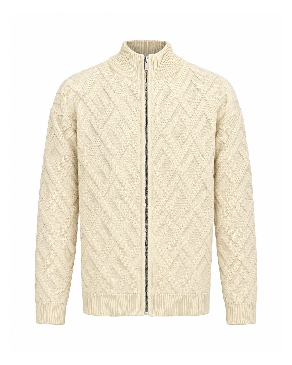 Men's zip-up cardigan with lattice knit in Cream, front view zipped to the ribbed stand collar, raised diamond lattice, ribbed cuffs and hem