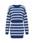 Striped knit sweater and mini skirt set in Blue/Grey, front view: cropped crew-neck sweater with dropped shoulders over a fitted mini skirt, broad stripes and blue ribbed bands