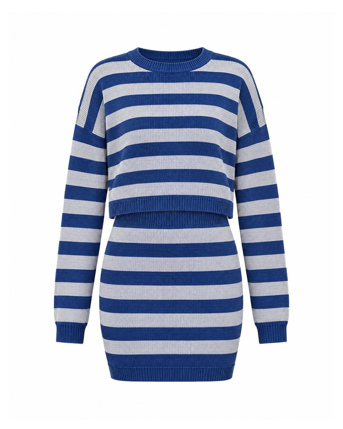 Striped knit sweater and mini skirt set in Blue/Grey, front view: cropped crew-neck sweater with dropped shoulders over a fitted mini skirt, broad stripes and blue ribbed bands