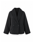 Black cropped shawl collar coat with batwing sleeves, shown from the front on a white background.