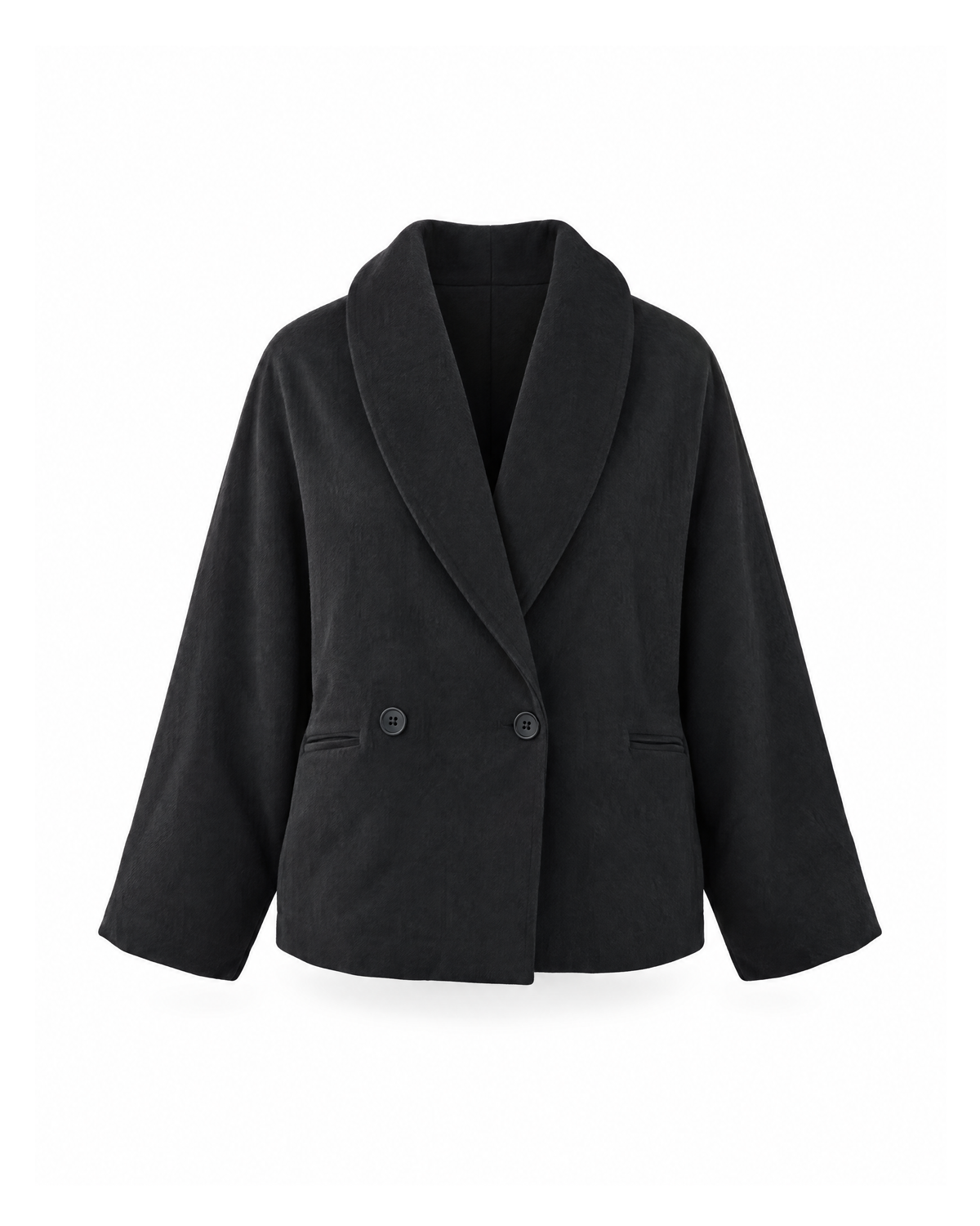 Black cropped shawl collar coat with batwing sleeves, shown from the front on a white background.