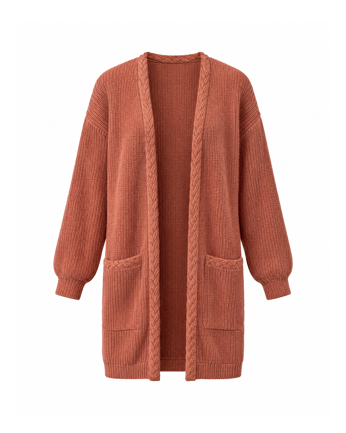 Brick Red ribbed open-front cardigan with cable-braid edges and patch pockets, front view on a white background