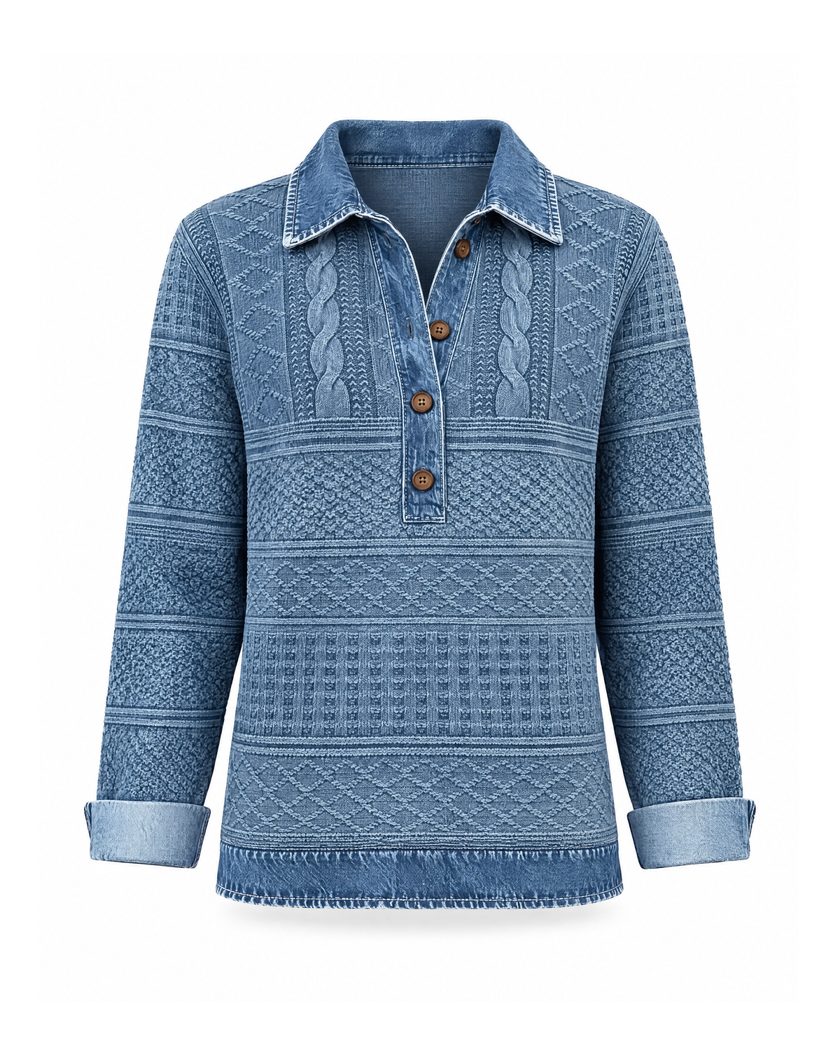 Knit-look half-button pullover in Blue, front view: denim-look shirt collar and four-button placket, two rope cables and textured bands, turned-back denim-look cuffs