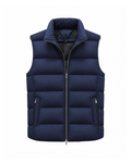 Navy Blue men's padded puffer vest shown straight on, stand collar standing, front zip open at the chest over a black lining, two slanted zip hand pockets