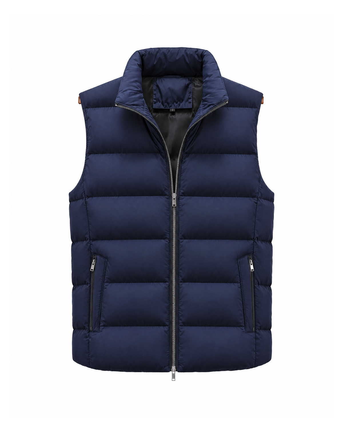 Navy Blue men's padded puffer vest shown straight on, stand collar standing, front zip open at the chest over a black lining, two slanted zip hand pockets