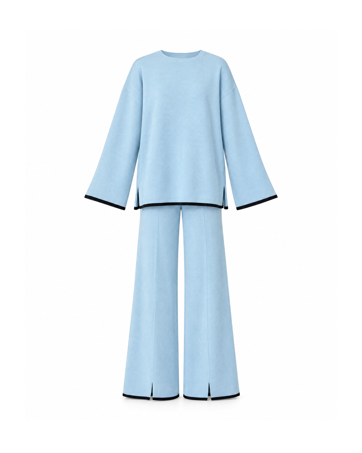 Light Blue oversized knit sweater and wide leg pants set, front view on white, with black tipping on the flared cuffs, sweater hem and slit pant hems