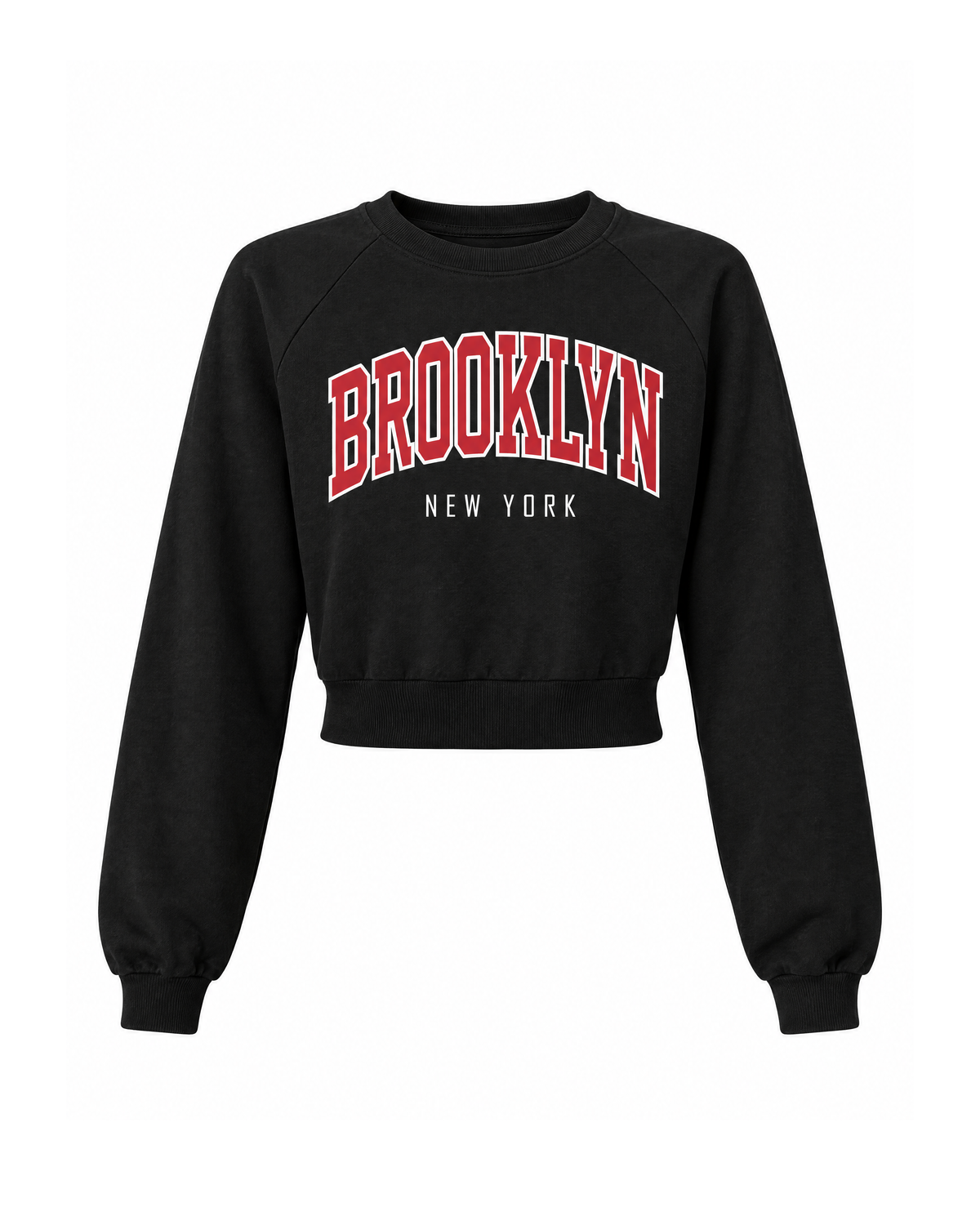 Cropped Brooklyn graphic sweatshirt in Black, front view: BROOKLYN in red varsity letters over NEW YORK, raglan sleeves and ribbed waist-length hem
