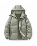 Sage Green padded puffer jacket with a detachable hood folded back and a quilted stand collar, shown open from the front