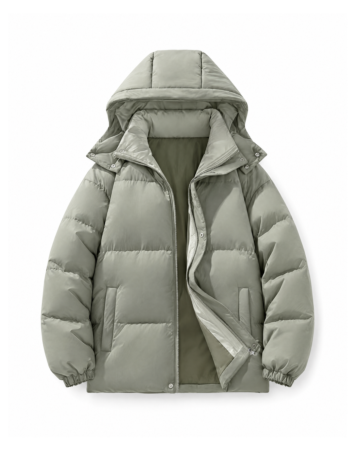 Sage Green padded puffer jacket with a detachable hood folded back and a quilted stand collar, shown open from the front