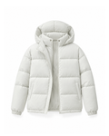 Off-White men's quilted puffer jacket with a hood and stand collar, shown open from the front on a white background.