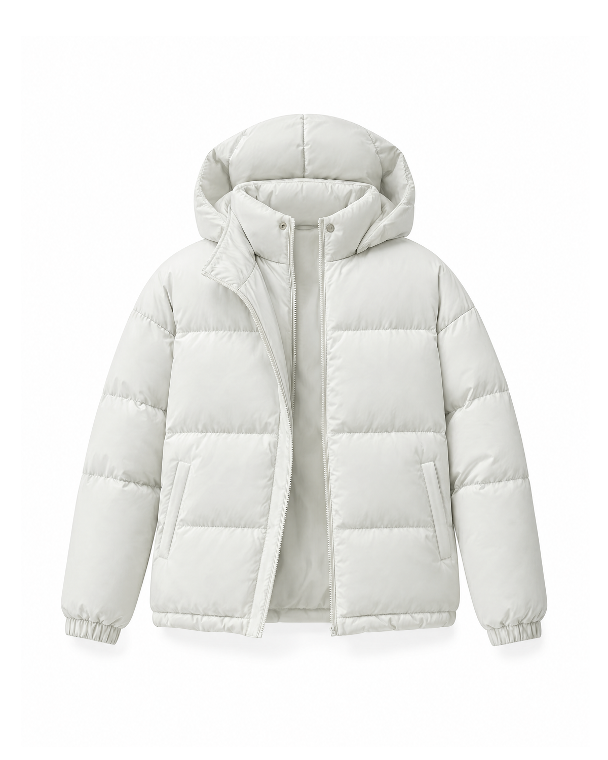 Off-White men's quilted puffer jacket with a hood and stand collar, shown open from the front on a white background.