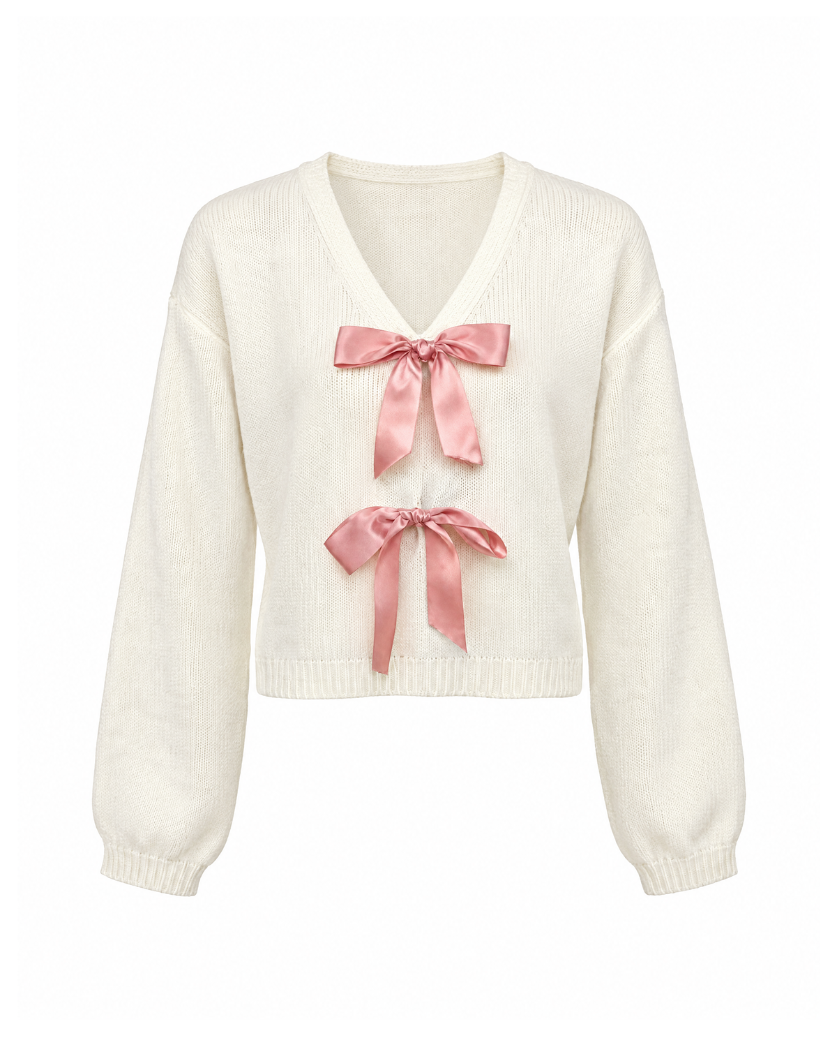 Ivory cropped V-neck sweater with two pink satin bows, front view on a white background