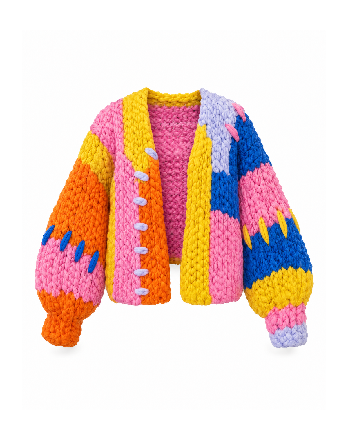 Multicolour chunky knit cardigan shown open from the front, with pink, yellow, orange, blue and lilac colour blocks and balloon sleeves