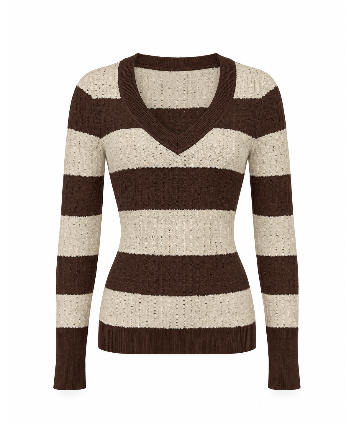 Brown/Beige striped V-neck sweater in textured knit, front view on a white background