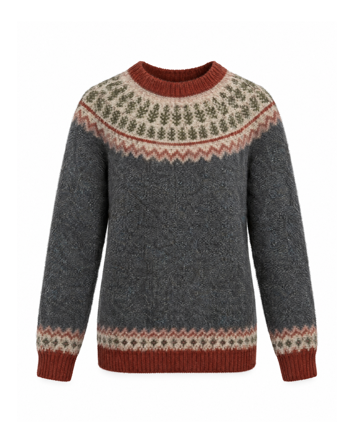 Dark Grey Fair Isle knit sweater, front view on white, with a rust ribbed crew neck, oatmeal yoke of small olive fern motifs and patterned cuffs and hem