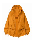 Orange hooded sun protection jacket shown open from the front on white, with two zipped chest pockets and two press-stud flap pockets