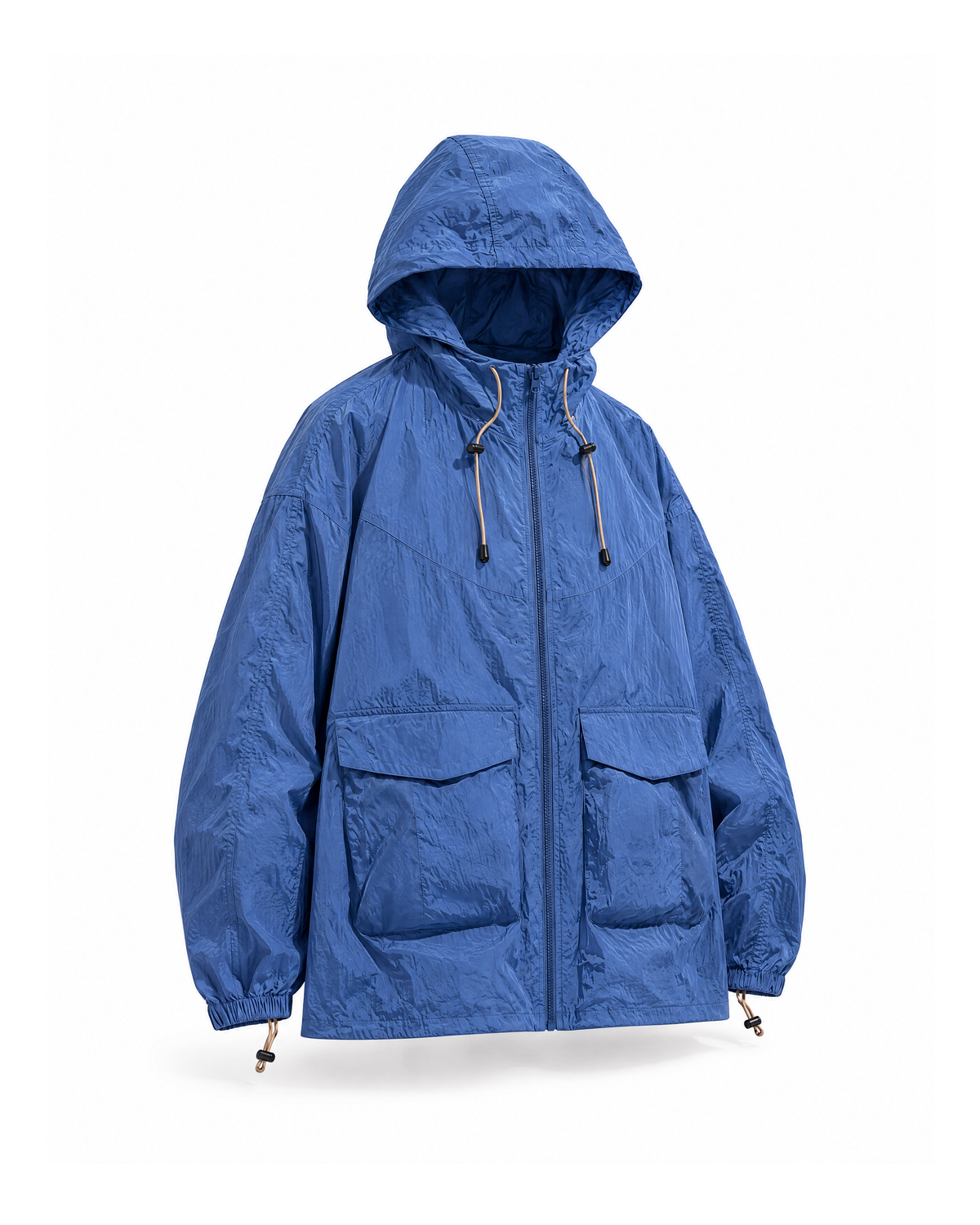 Lightweight hooded nylon jacket in Blue from a front three-quarter angle, showing the side seam, gathered drawcord cuff and hip flap pocket