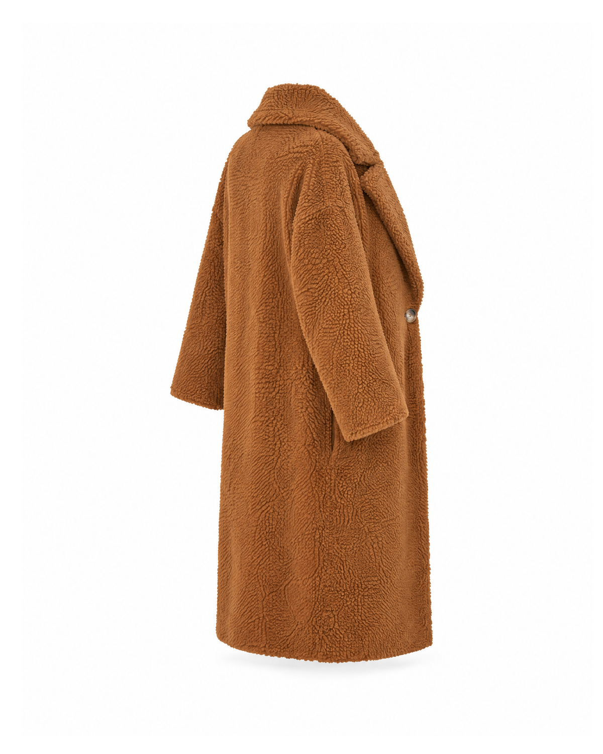 Camel oversized teddy coat from a three-quarter back angle on a white background, showing the back panel and dropped-shoulder sleeve