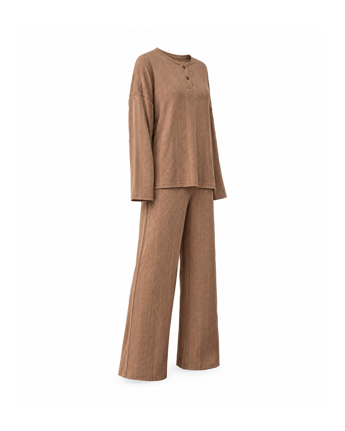 Coffee knit lounge set, three-quarter side view showing the dropped shoulder, loose untucked top and wide-leg pants in the same textured knit